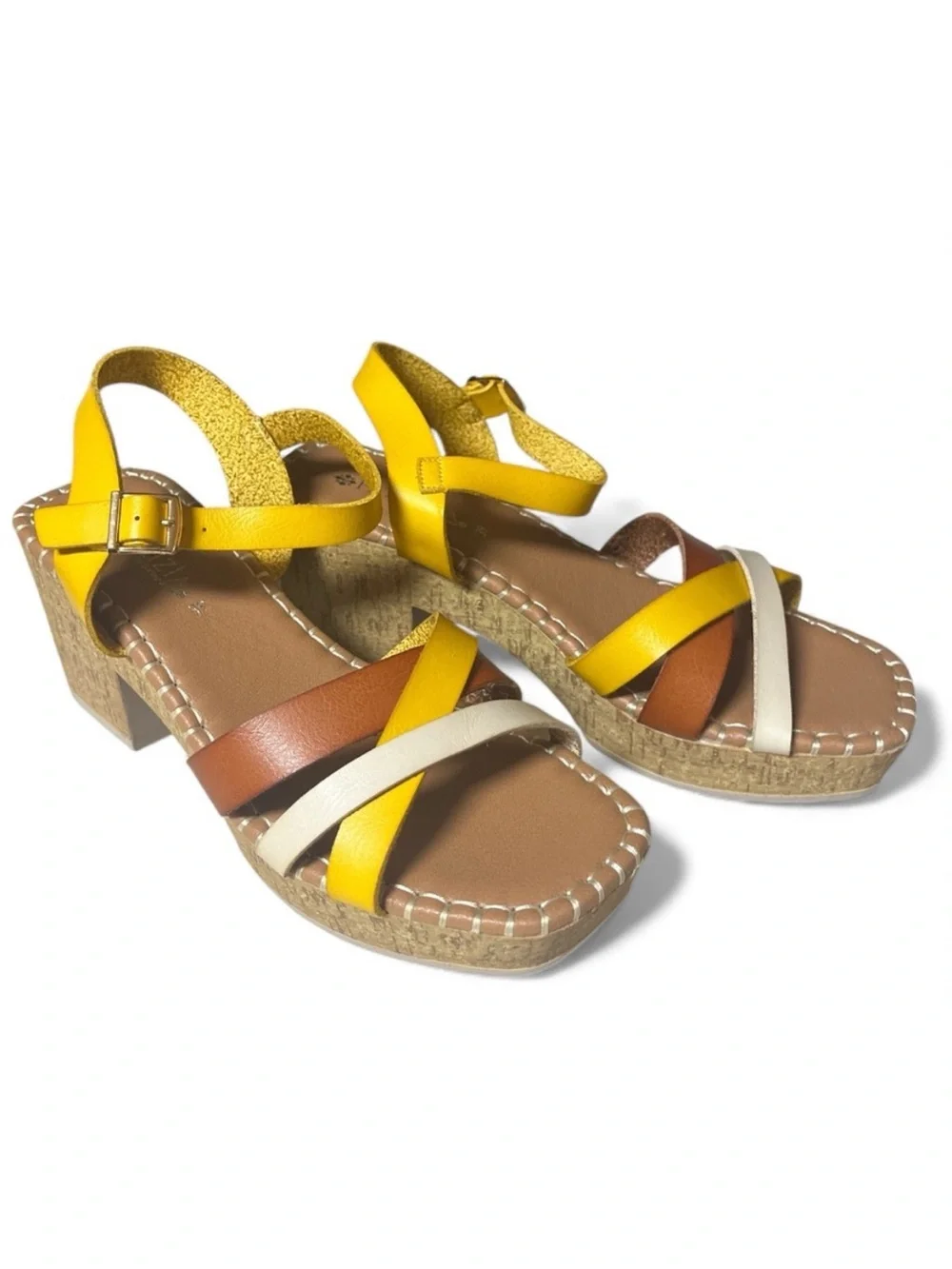Spring Step Patrizia Yellow, Brown & Cream Cork Wedge Sandals
